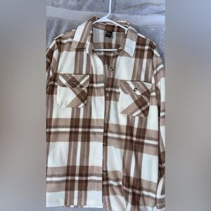 Brown and White Plaid Button-Up Shirt